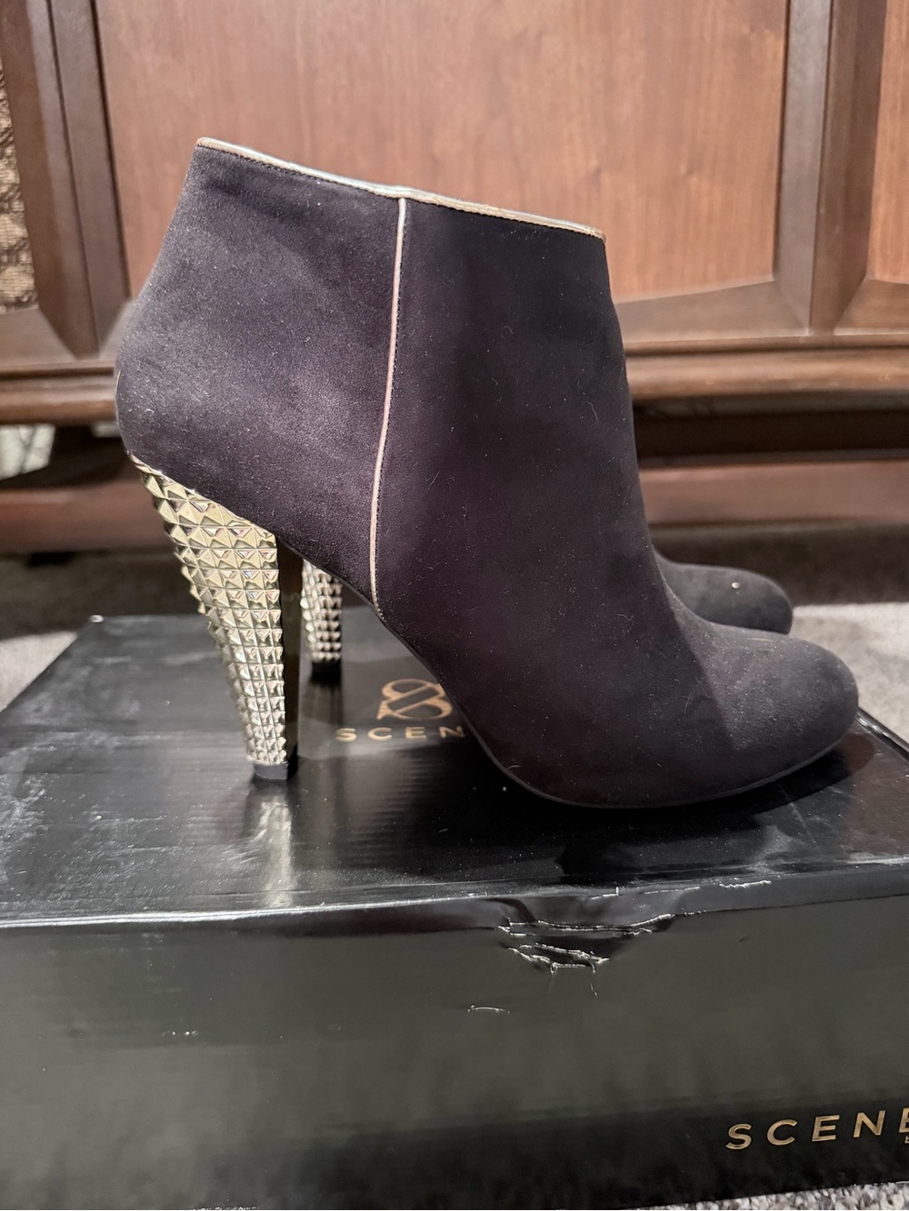 Scene Weaver Black Suede Ankle Booties with Gold Studded Heel